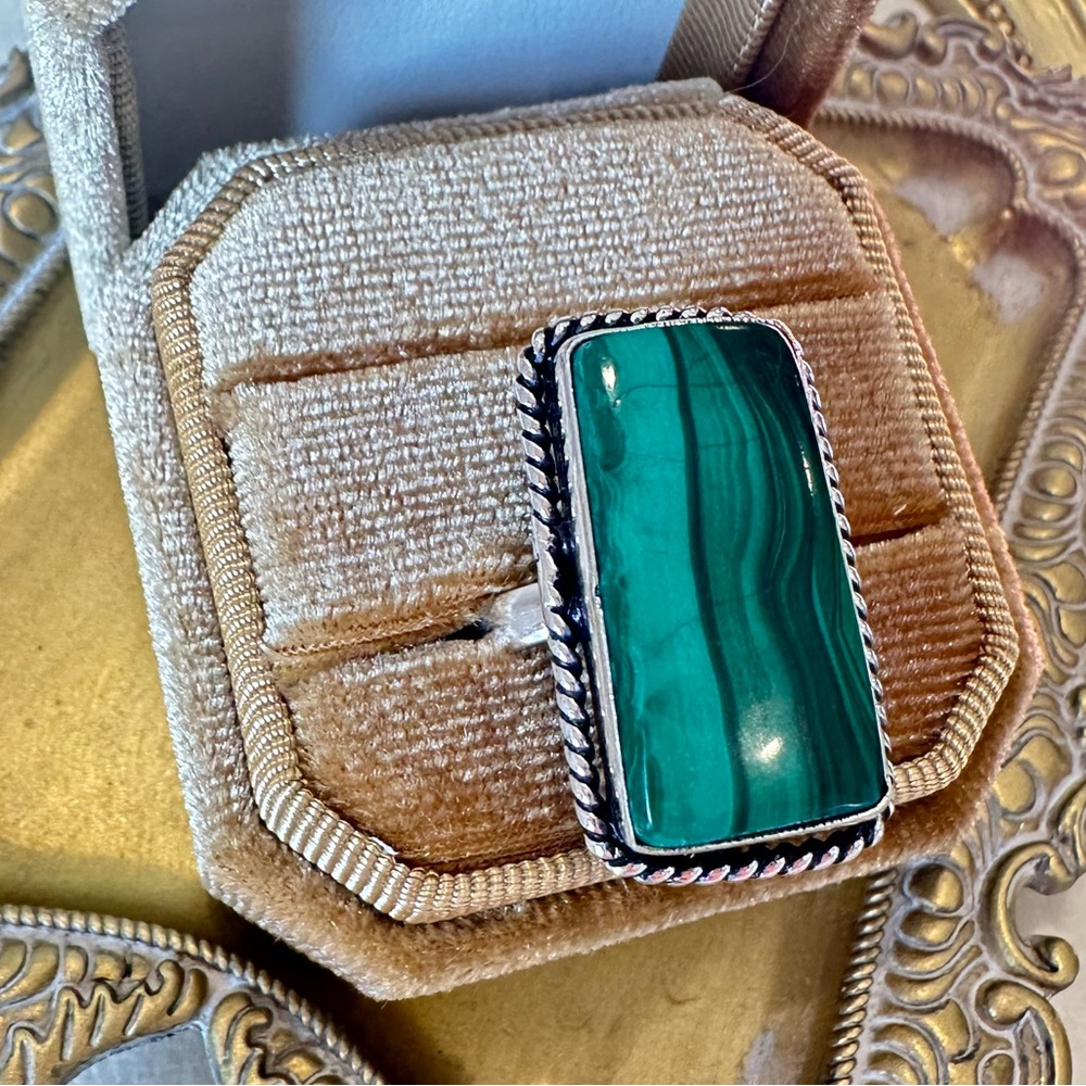 Malachite Sterling Silver Ring 6 Rectangle - Picture 3 of 5